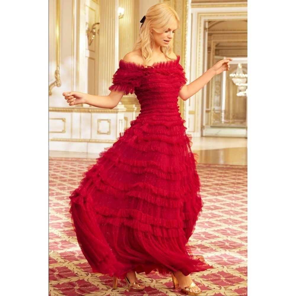 NEEDLE & THREAD LISETTE DEEP RED KISSES TULLE RUFFLE OFF THE SHOULDER GOWN DRESS